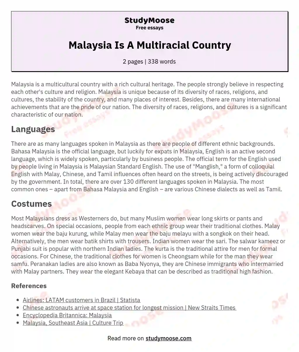 Malaysia Is A Multiracial Country essay