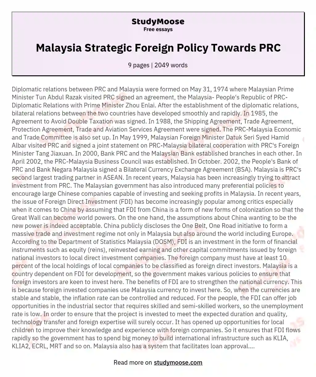 Malaysia Strategic Foreign Policy Towards PRC essay