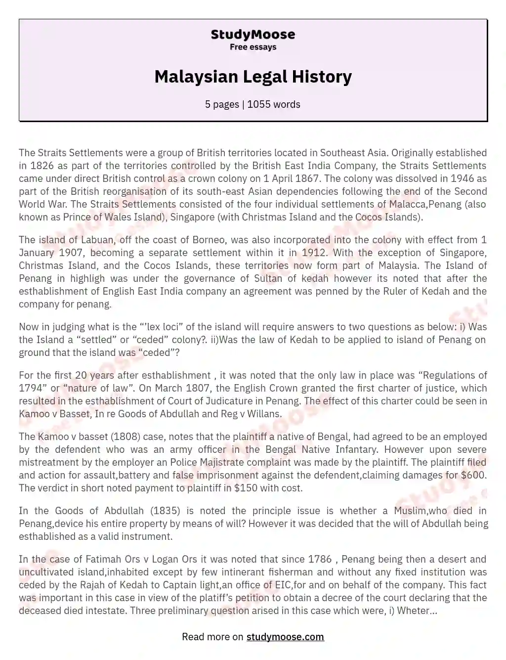 Malaysian Legal History essay
