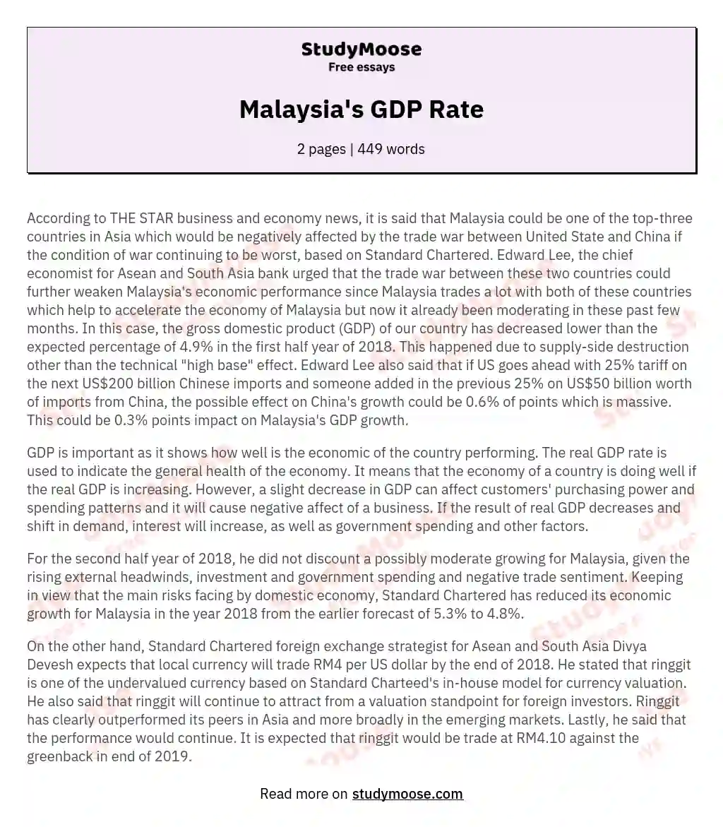 Malaysia's GDP Rate essay