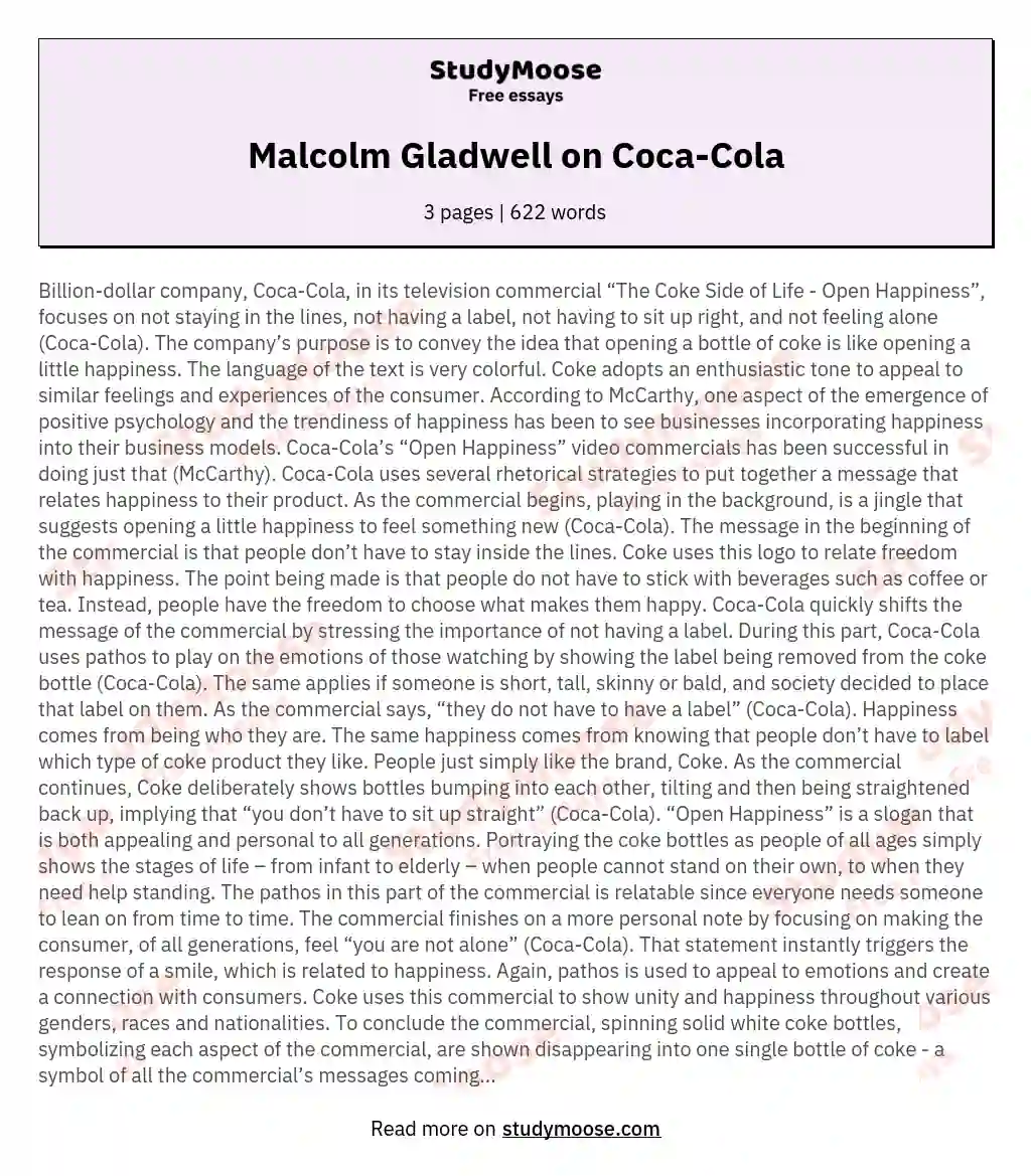 Malcolm Gladwell on Coca-Cola essay