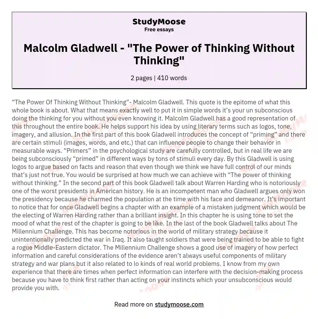 Malcolm Gladwell - "The Power of Thinking Without Thinking" essay