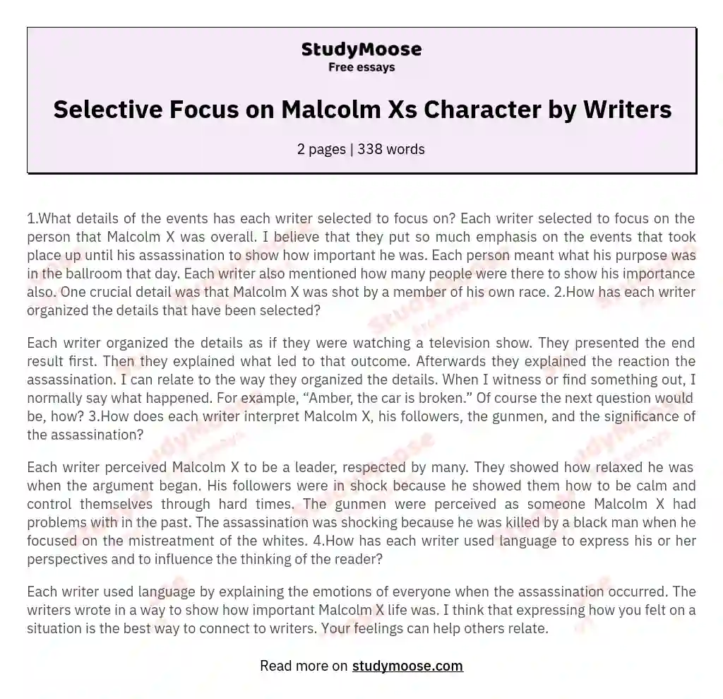 Selective Focus on Malcolm Xs Character by Writers essay