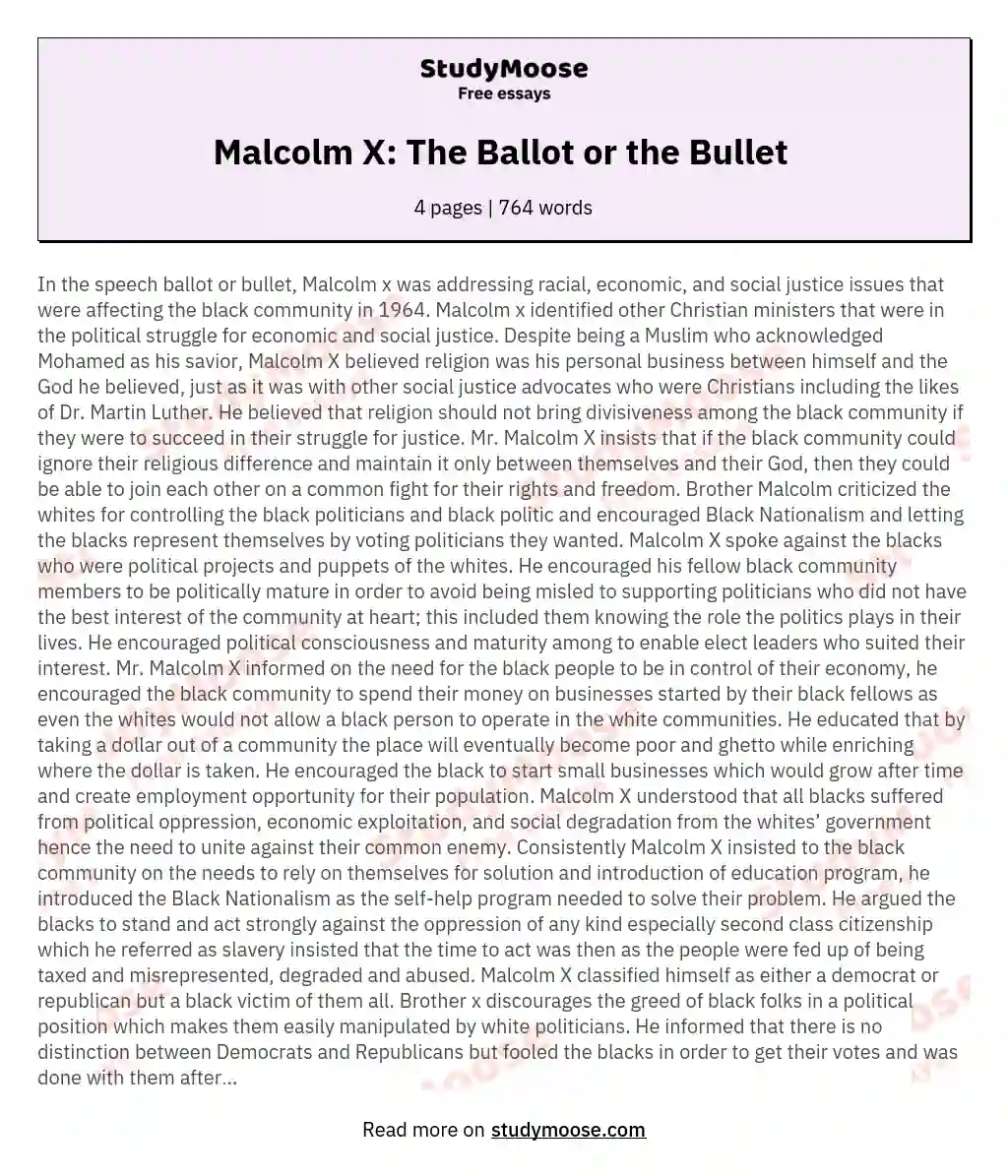 Malcolm X: The Ballot or the Bullet  essay