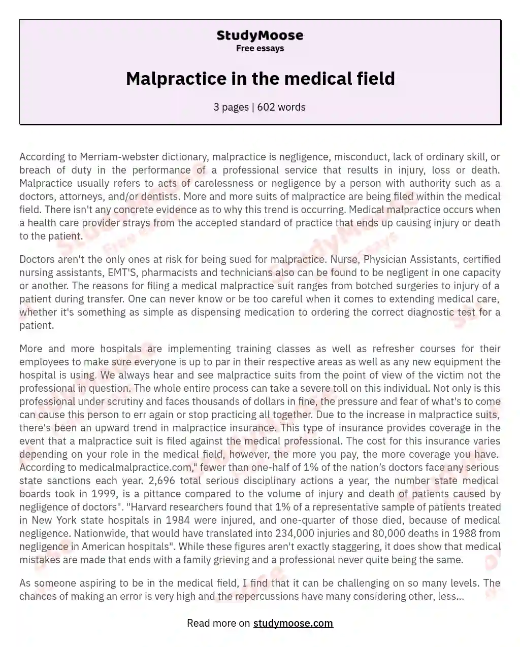 Malpractice in the medical field essay