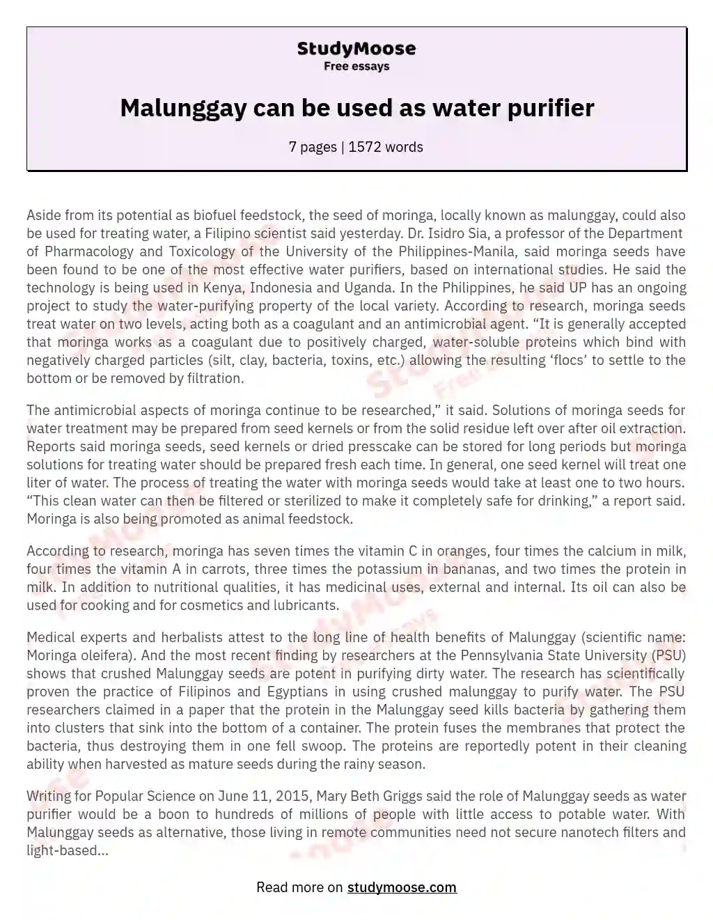 Malunggay can be used as water purifier essay