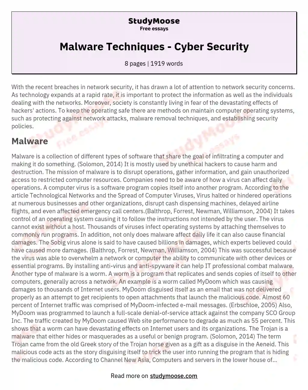 Malware Techniques - Cyber Security essay