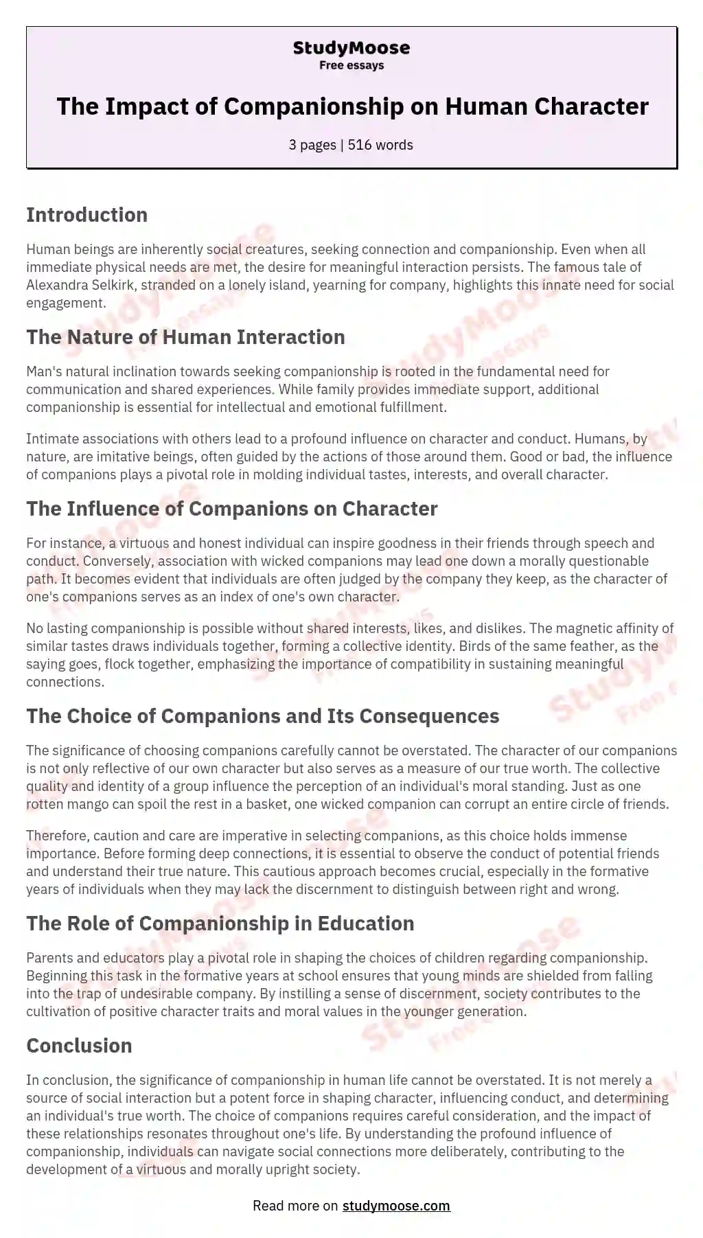 The Impact of Companionship on Human Character essay