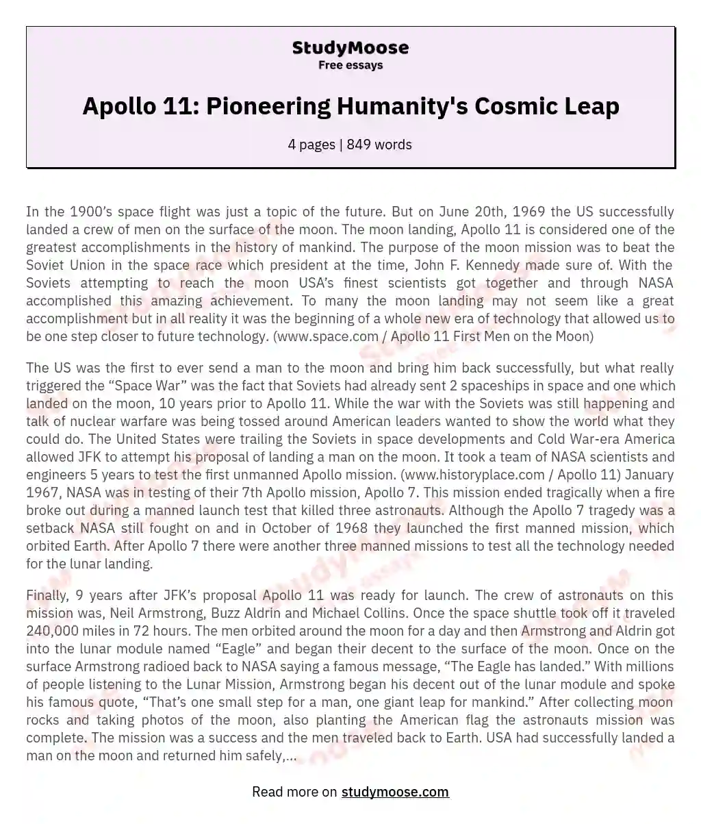 Apollo 11: Pioneering Humanity's Cosmic Leap essay