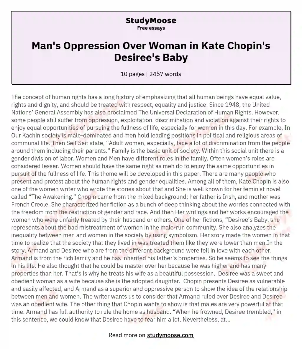Man's Oppression Over Woman in Kate Chopin's Desiree's Baby essay