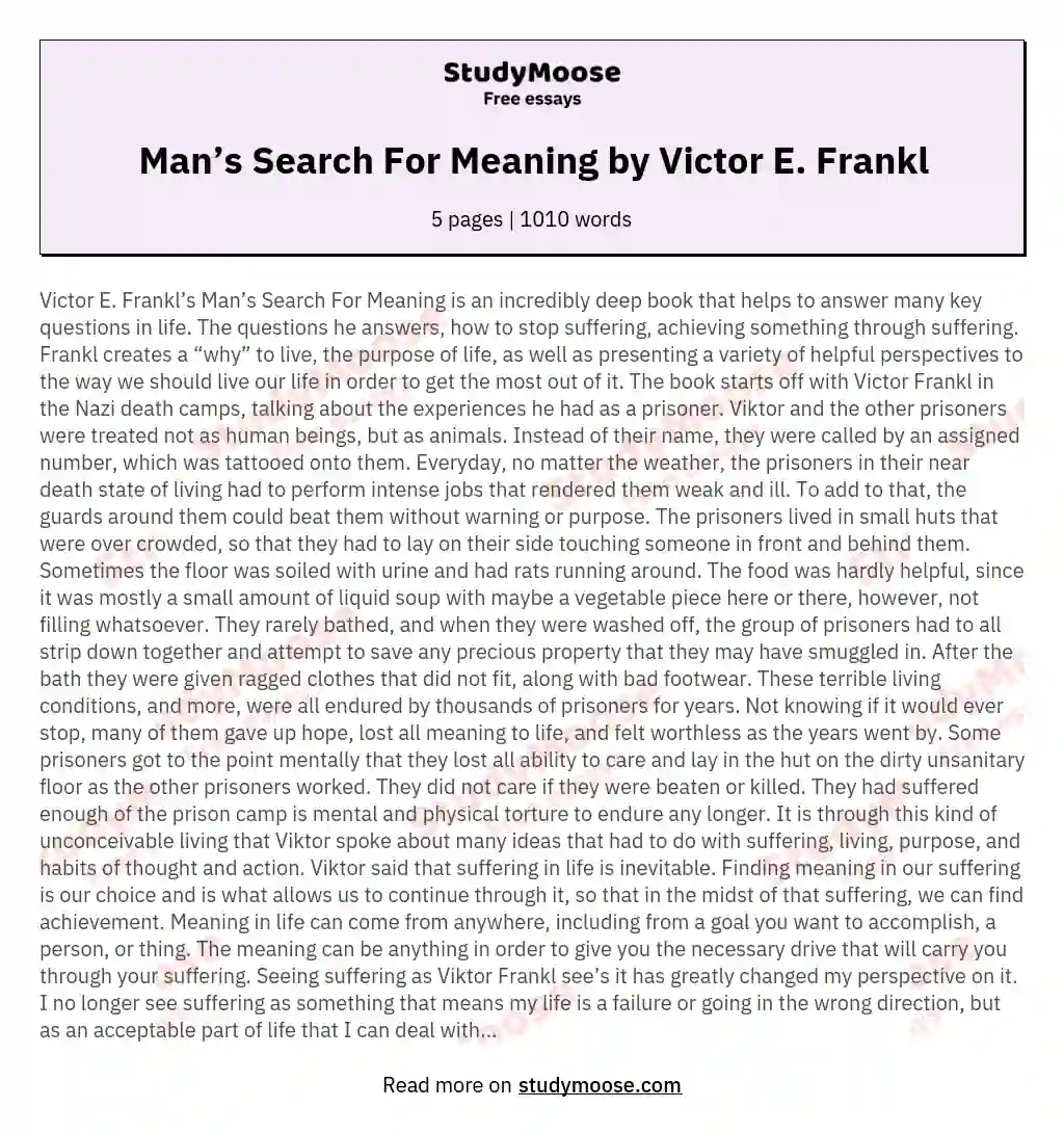 Man’s Search For Meaning by Victor E. Frankl essay