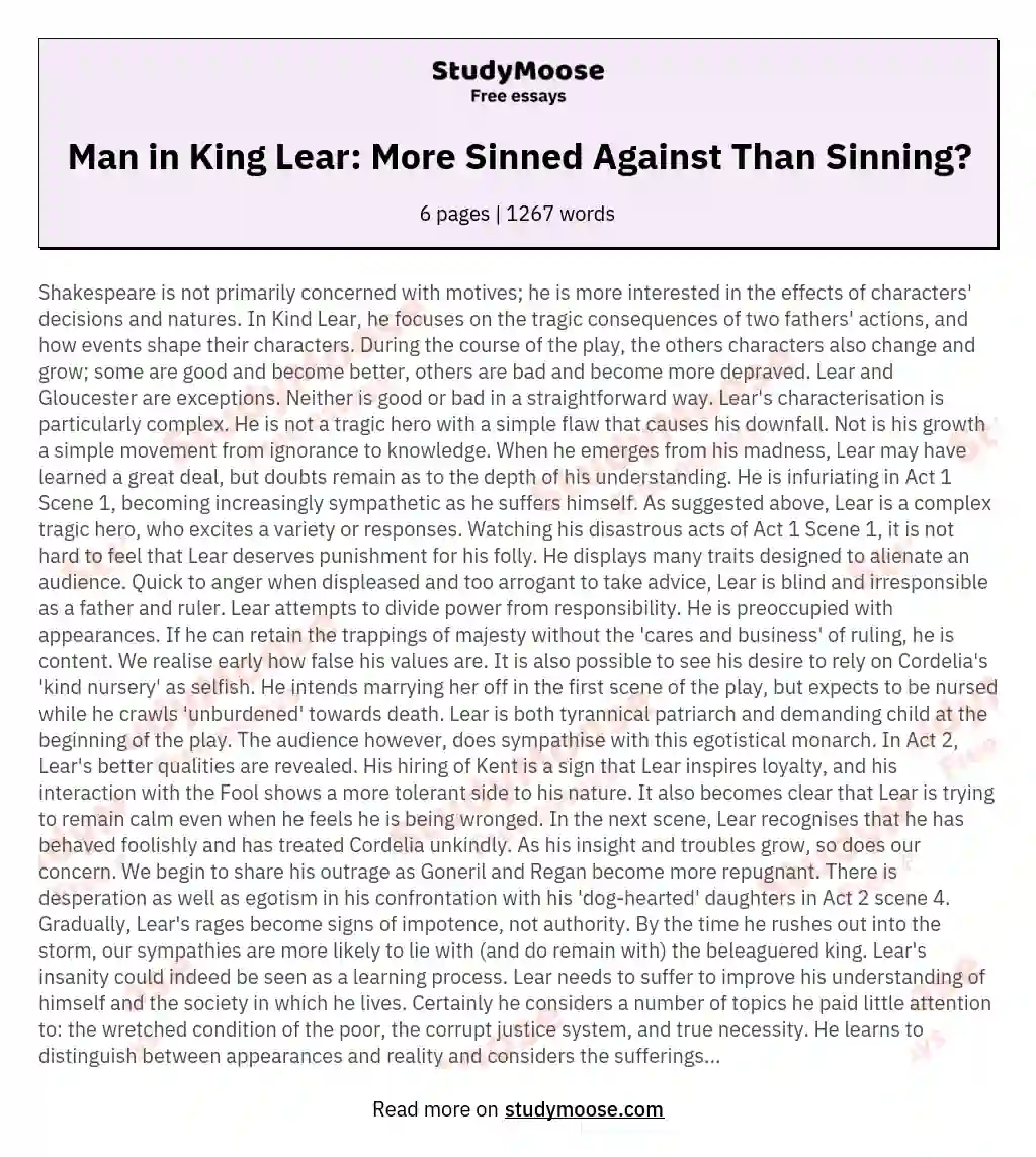 'A man more sinned against than sinning'. Is this your reading of Shakespeare's King Lear?