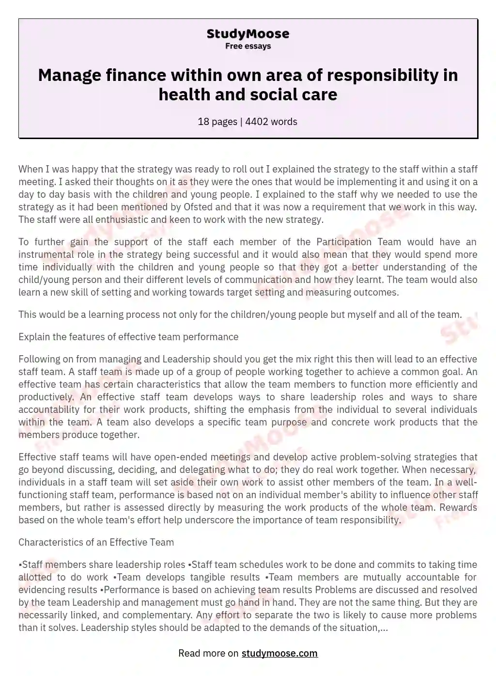 Manage finance within own area of responsibility in health and social care essay