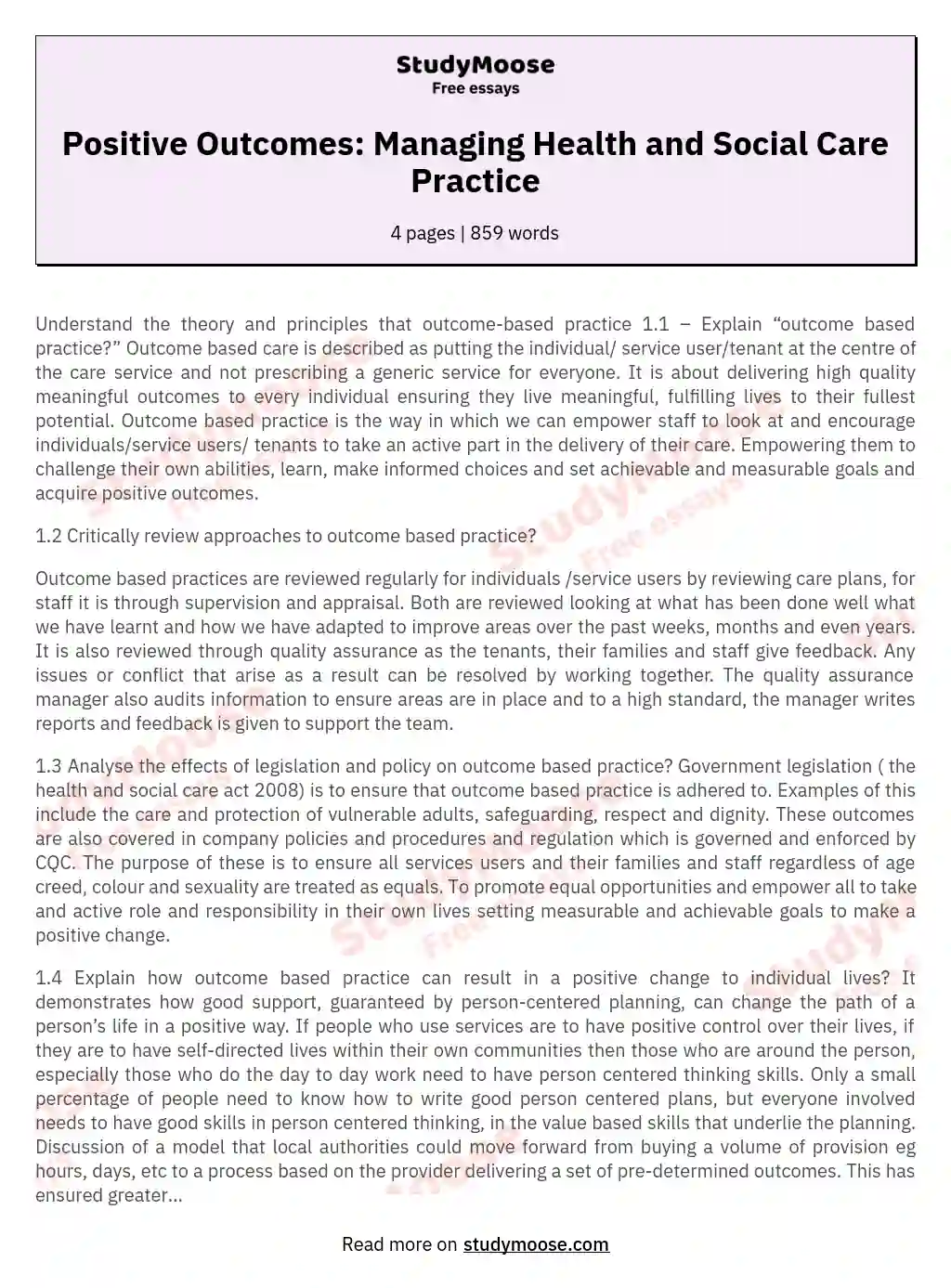 Positive Outcomes: Managing Health and Social Care Practice essay
