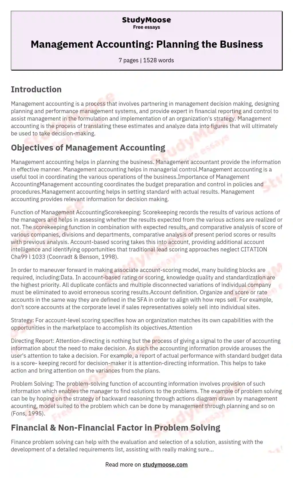 Management Accounting: Planning the Business essay