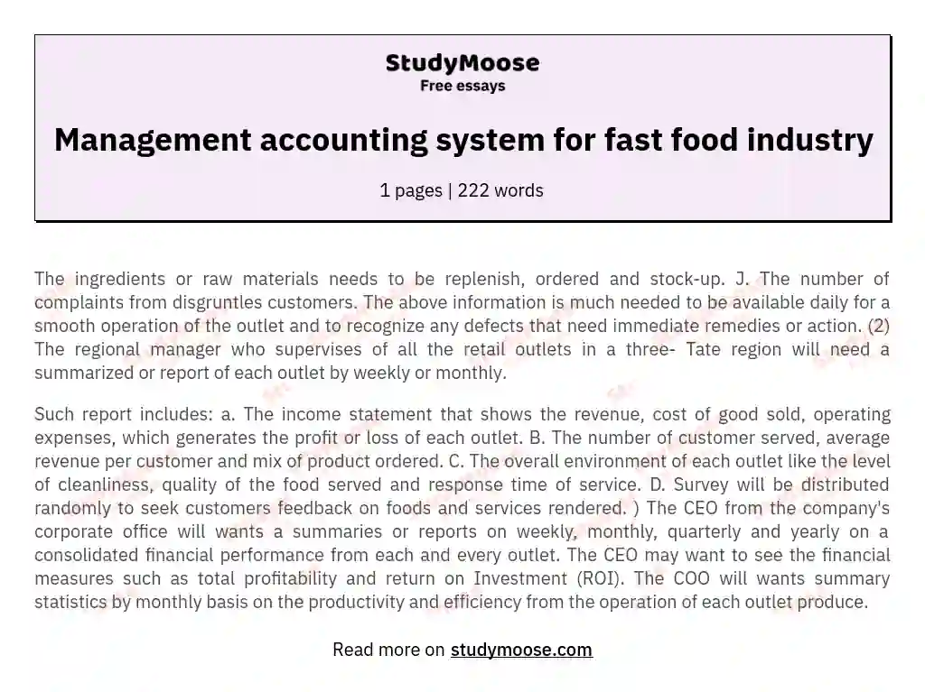 Management accounting system for fast food industry essay