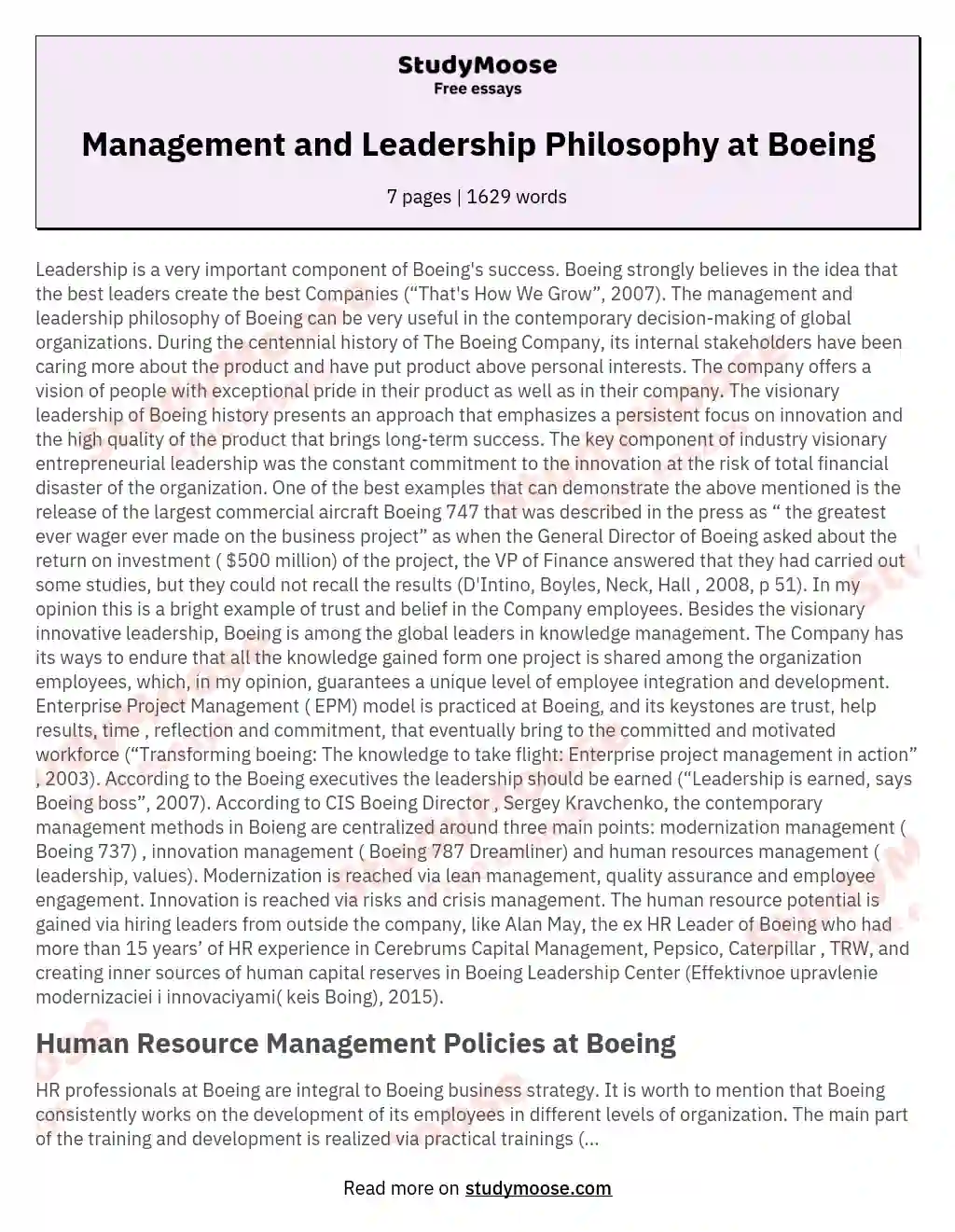 Management and Leadership Philosophy at Boeing essay