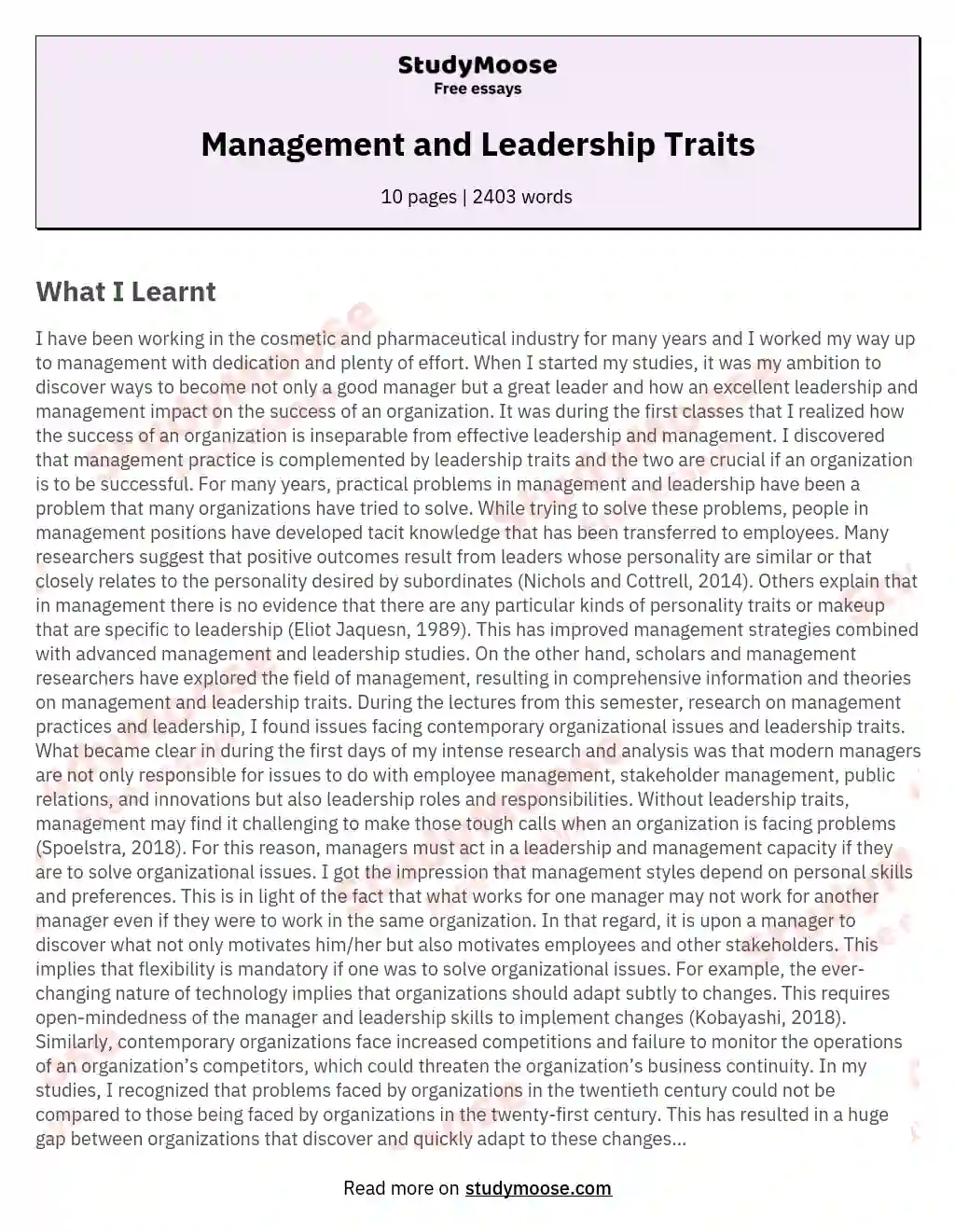 Management and Leadership Traits essay
