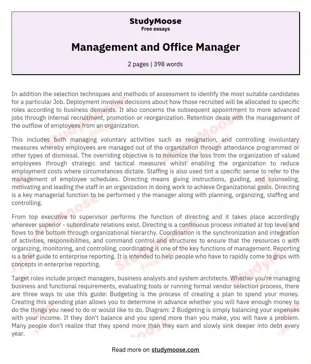 Management and Office Manager essay