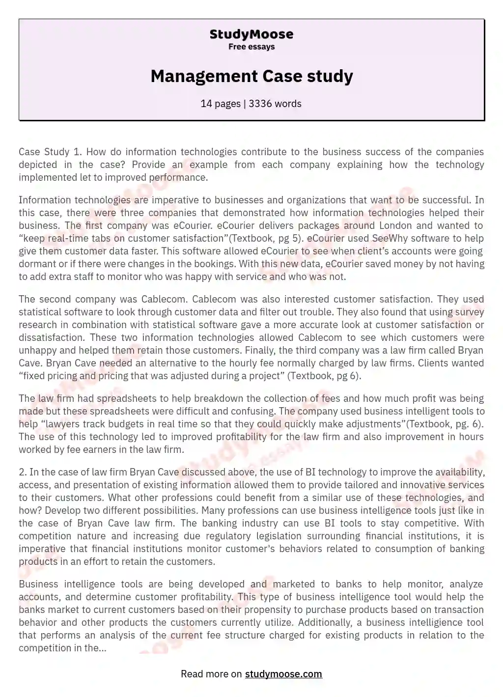 Management Case Study Free Essay Example