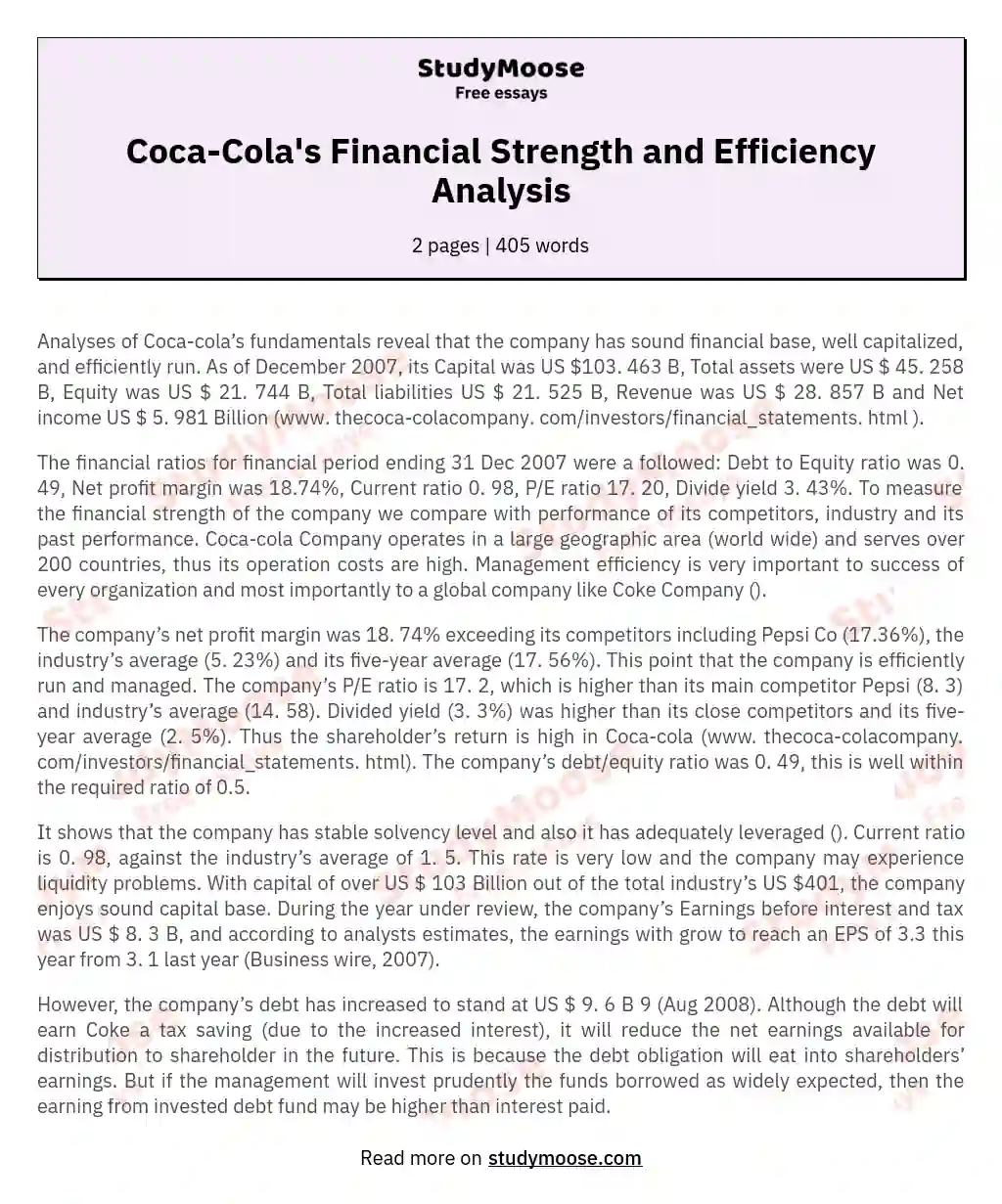 Coca-Cola's Financial Strength and Efficiency Analysis essay