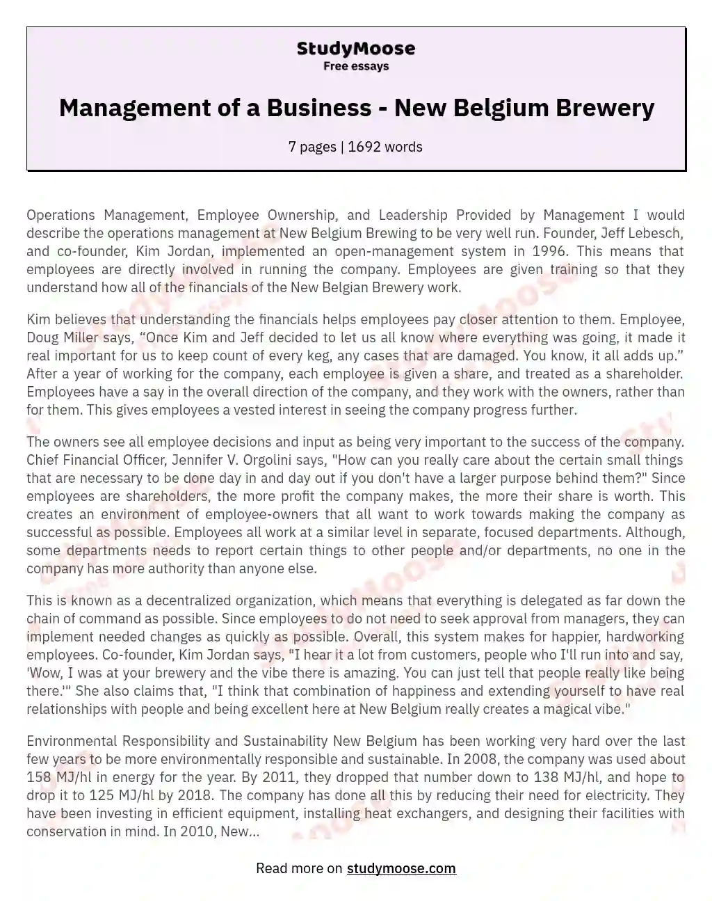 Management of a Business - New Belgium Brewery