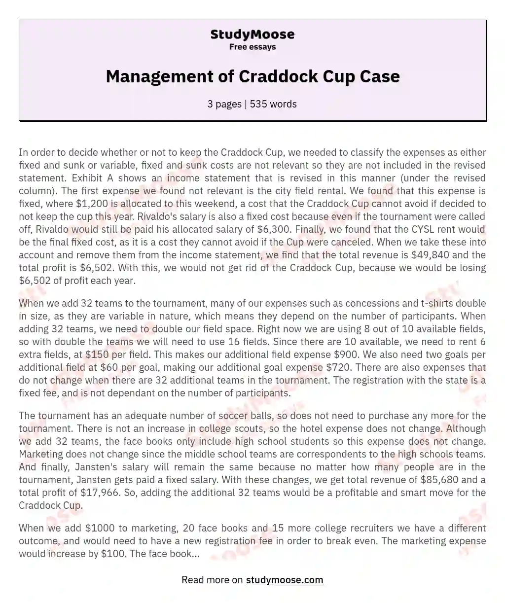 Management of Craddock Cup Case