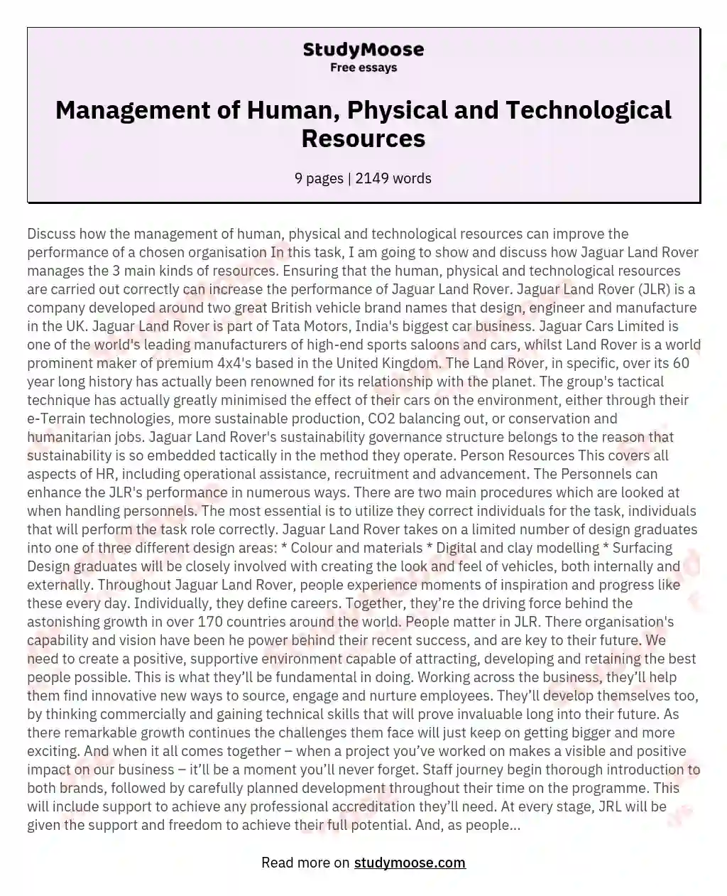 Management of Human, Physical and Technological Resources