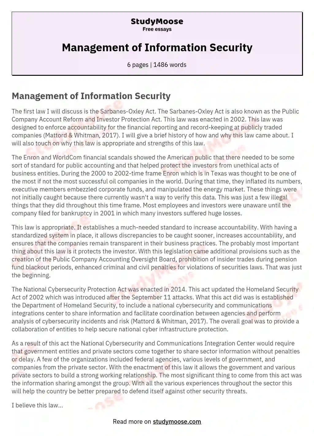 Management of Information Security essay
