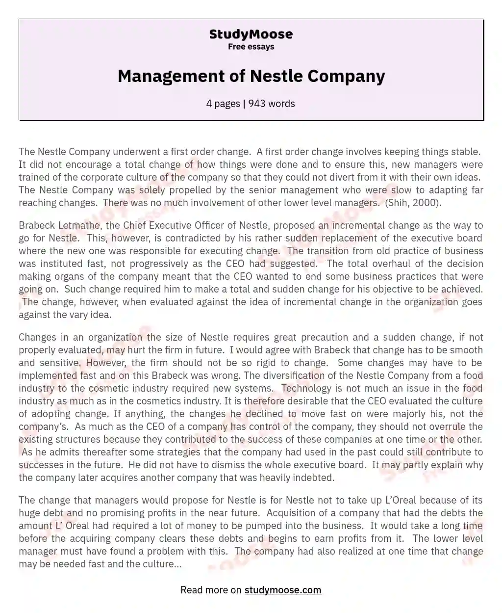 Management of Nestle Company essay