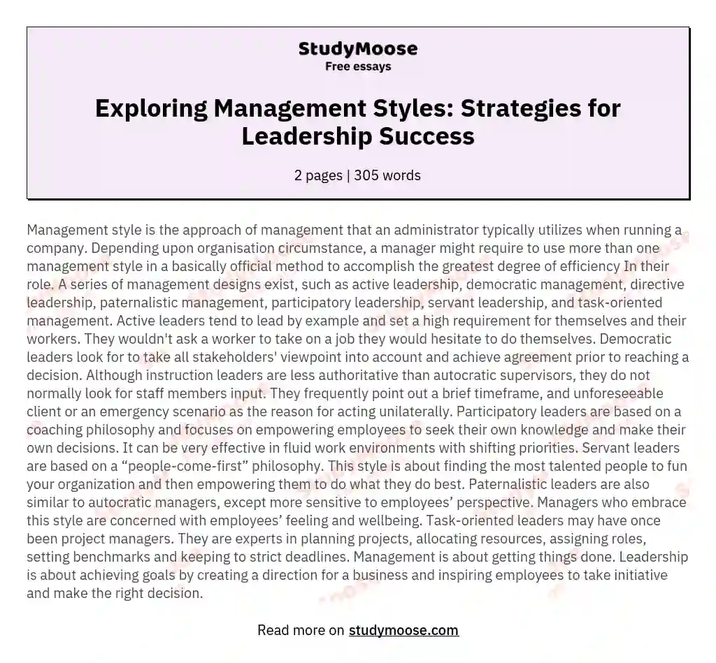 Exploring Management Styles: Strategies for Leadership Success essay