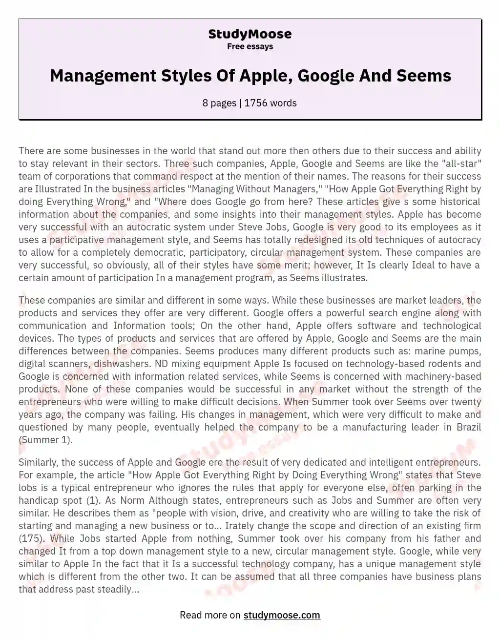 Management Styles Of Apple, Google And Seems essay