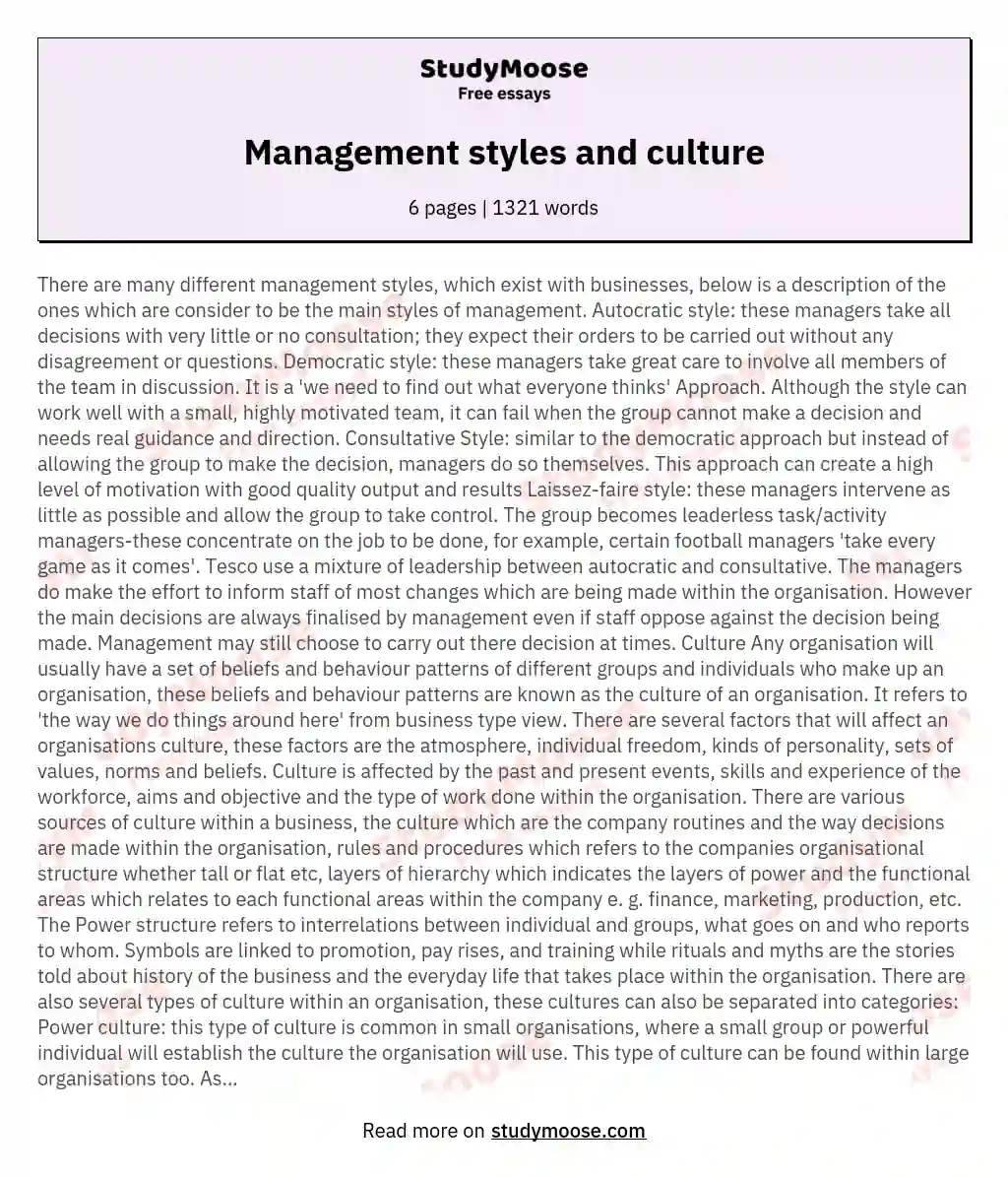 Management styles and culture essay