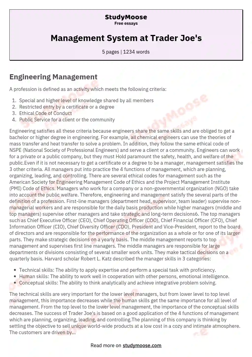 Management System at Trader Joe's essay