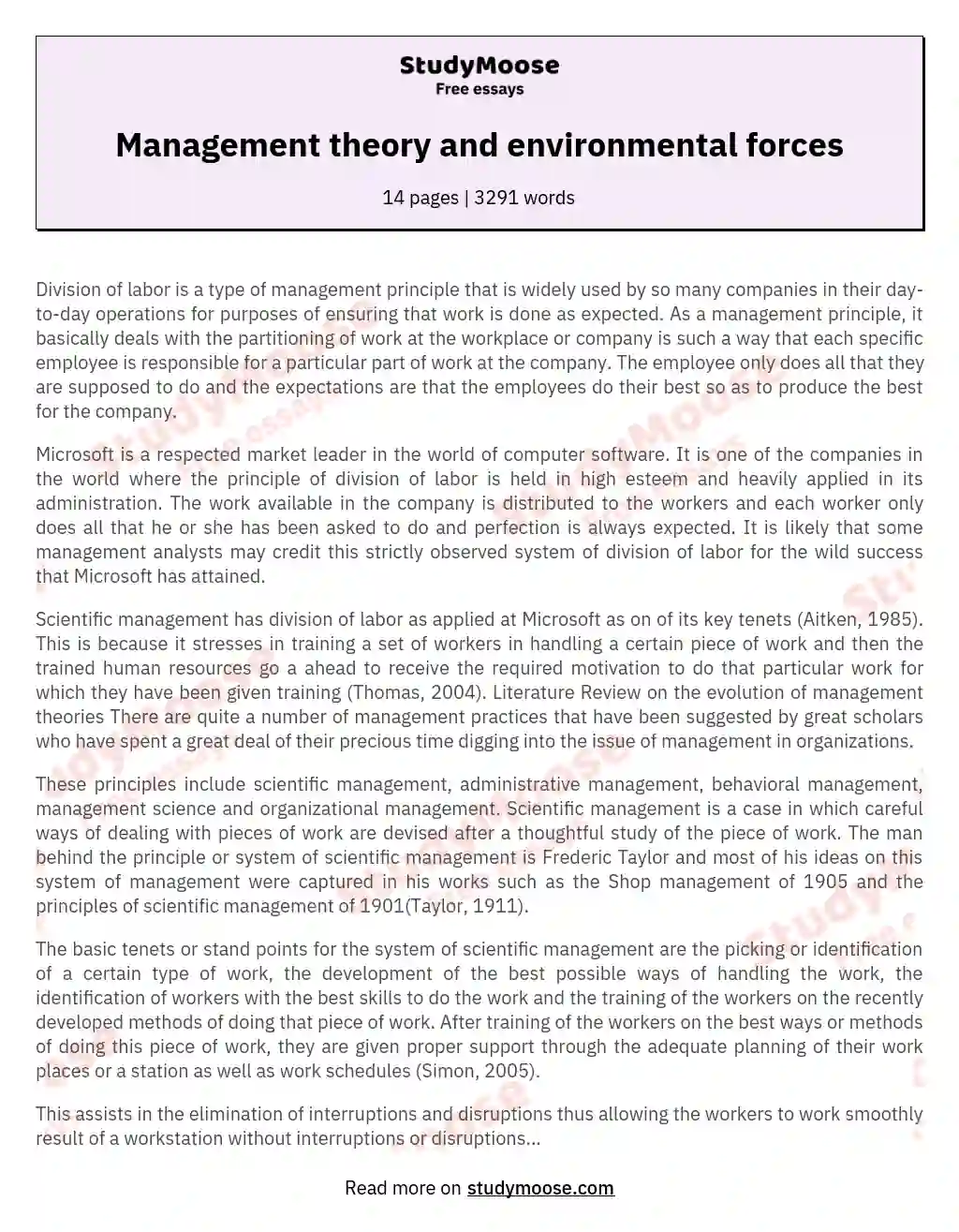 Management theory and environmental forces essay