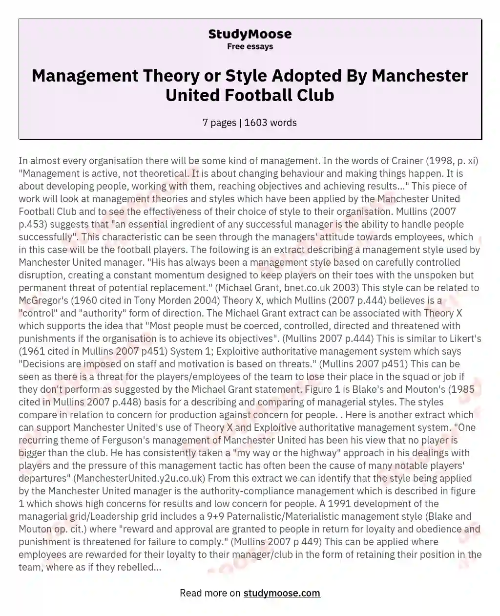 Management Theory or Style Adopted By Manchester United Football Club