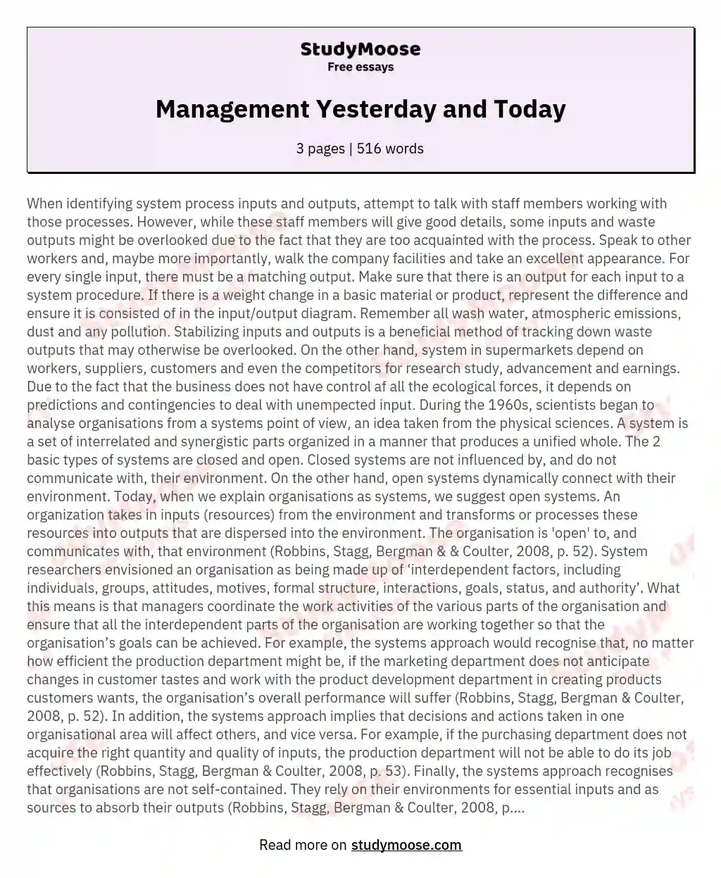 Management Yesterday and Today essay