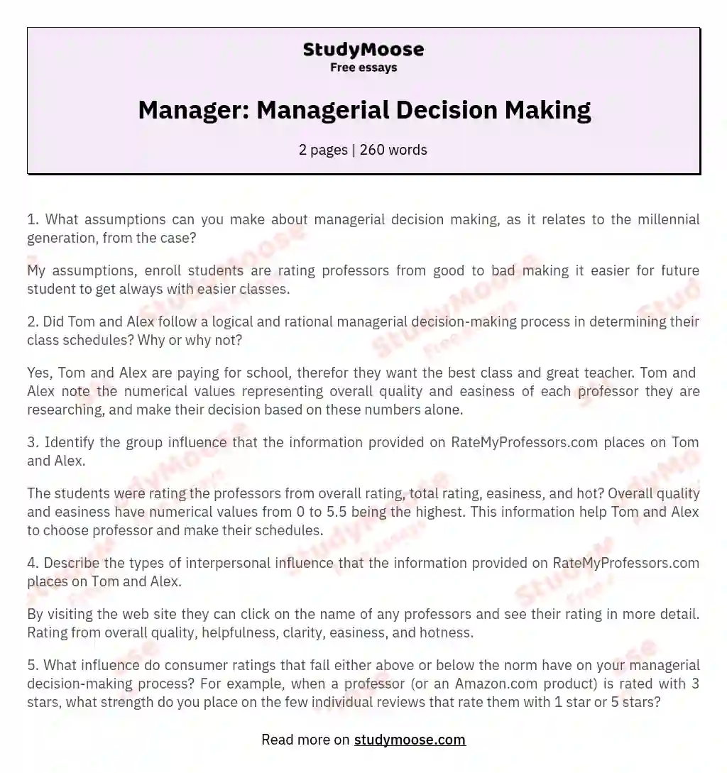 Manager: Managerial Decision Making essay