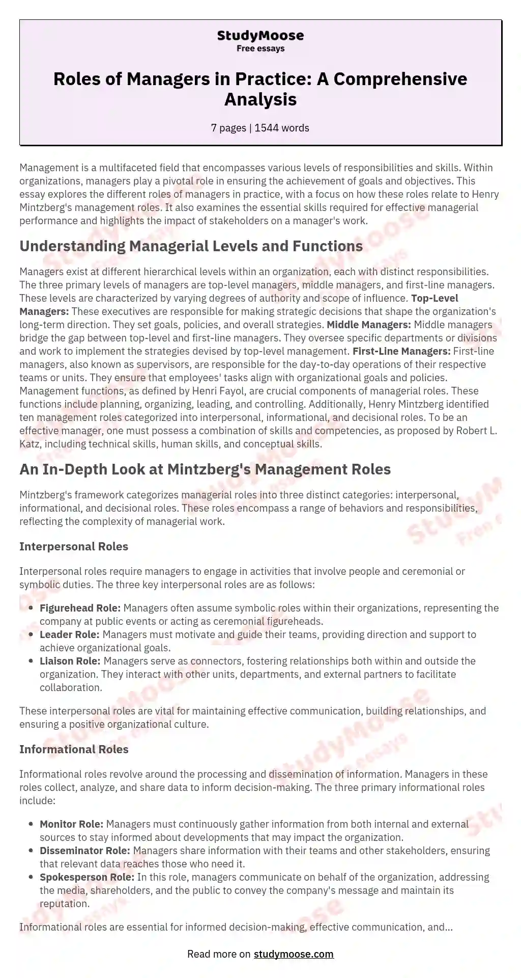 Roles of Managers in Practice: A Comprehensive Analysis essay