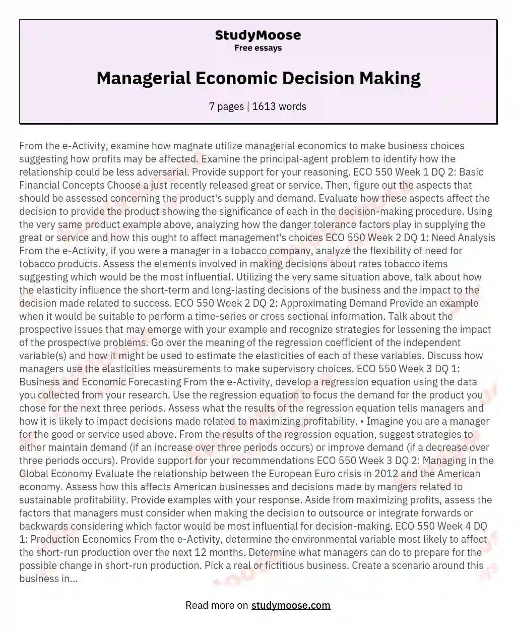 Managerial Economic Decision Making essay