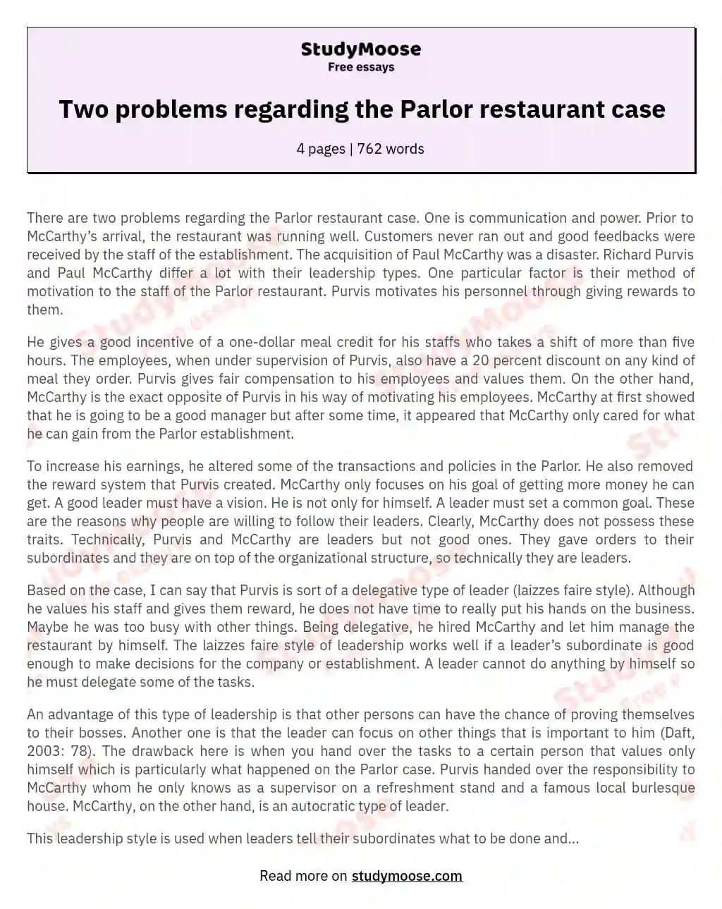 Two problems regarding the Parlor restaurant case essay