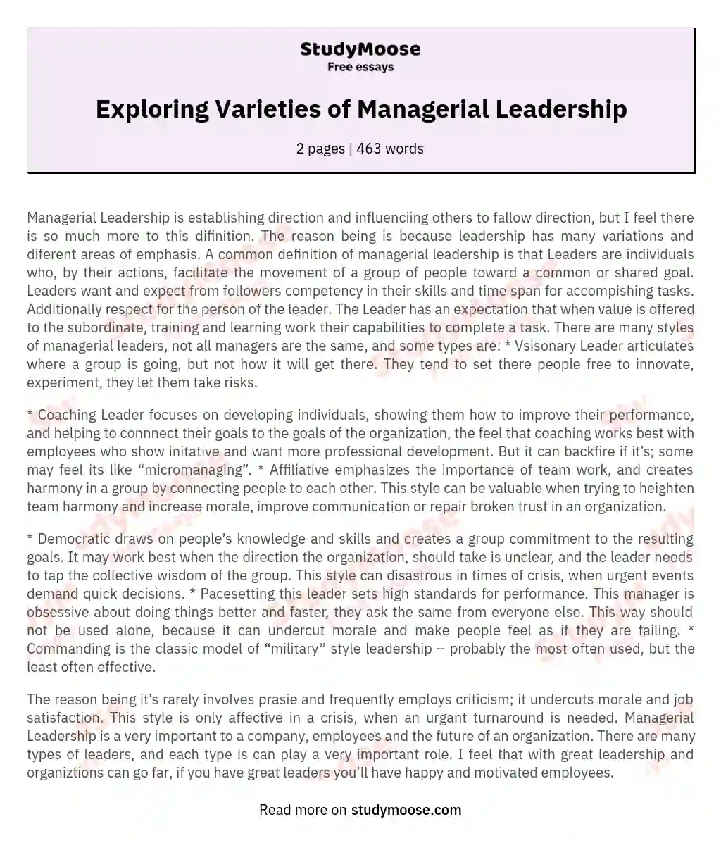 Exploring Varieties of Managerial Leadership essay