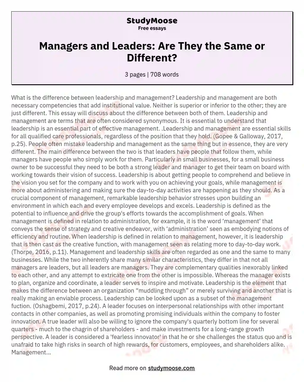 difference between leader and manager essay