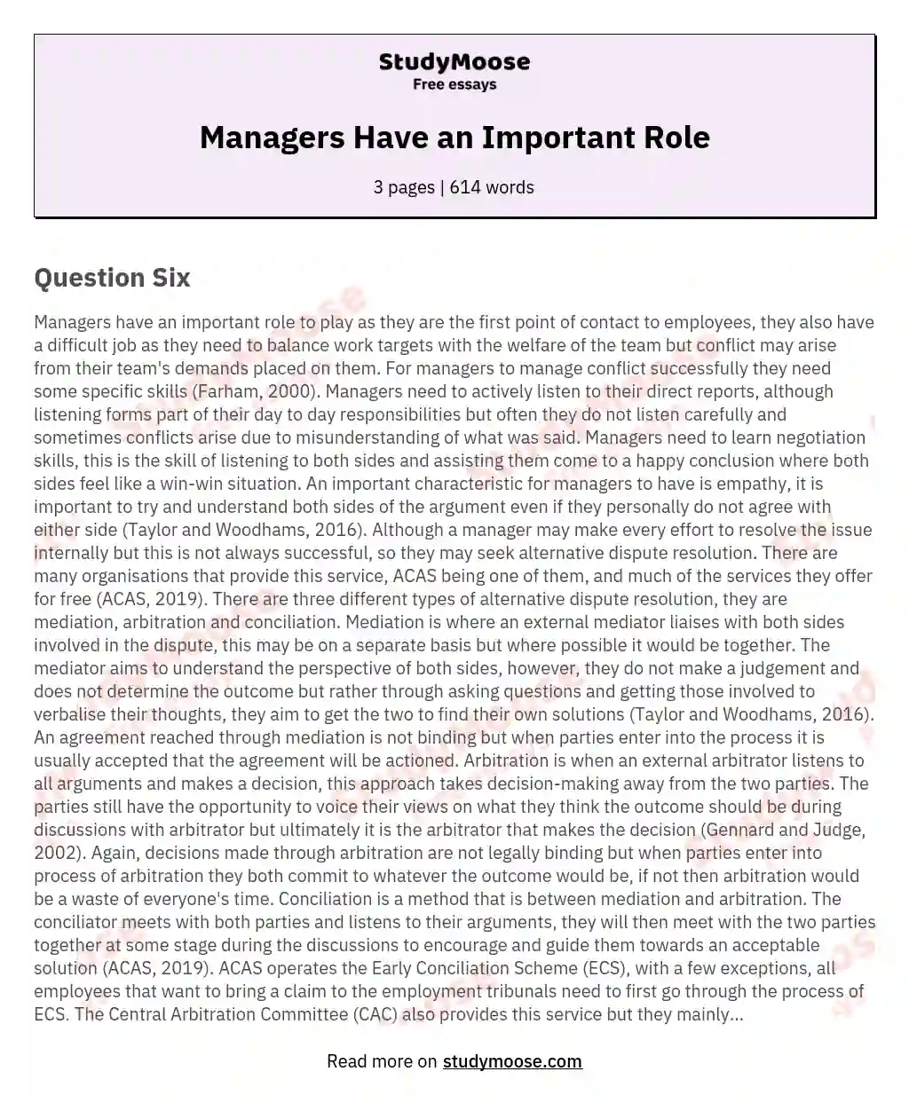 Managers Have an Important Role essay