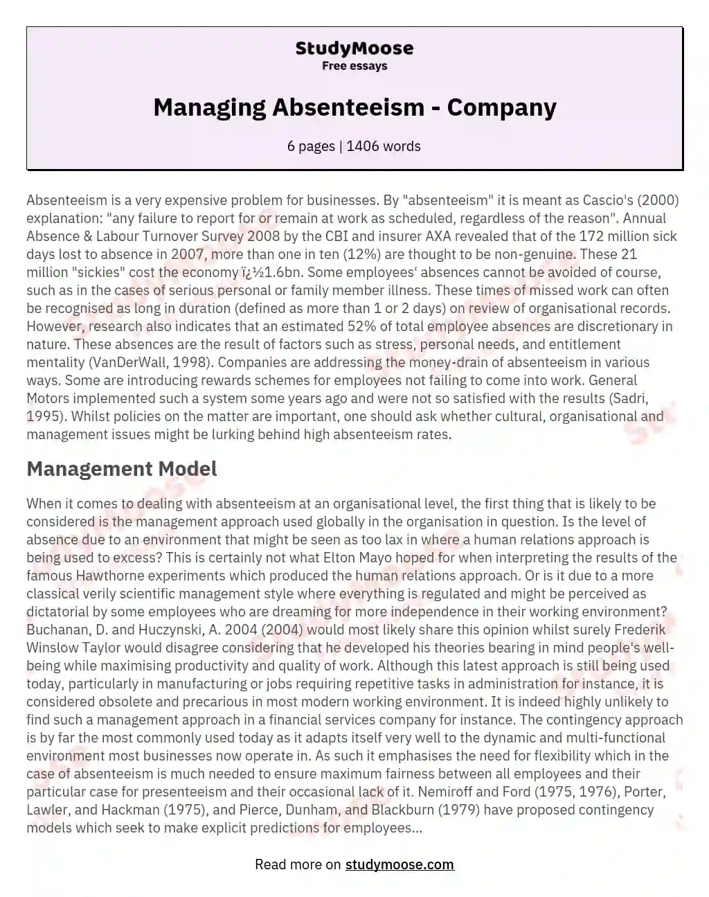 Managing Absenteeism - Company essay