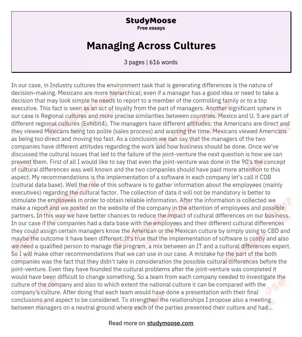 Managing Across Cultures essay