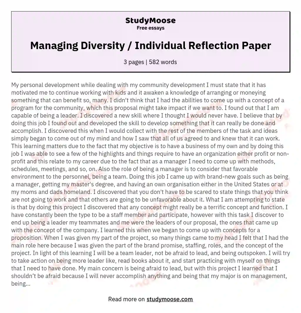 Managing Diversity / Individual Reflection Paper essay