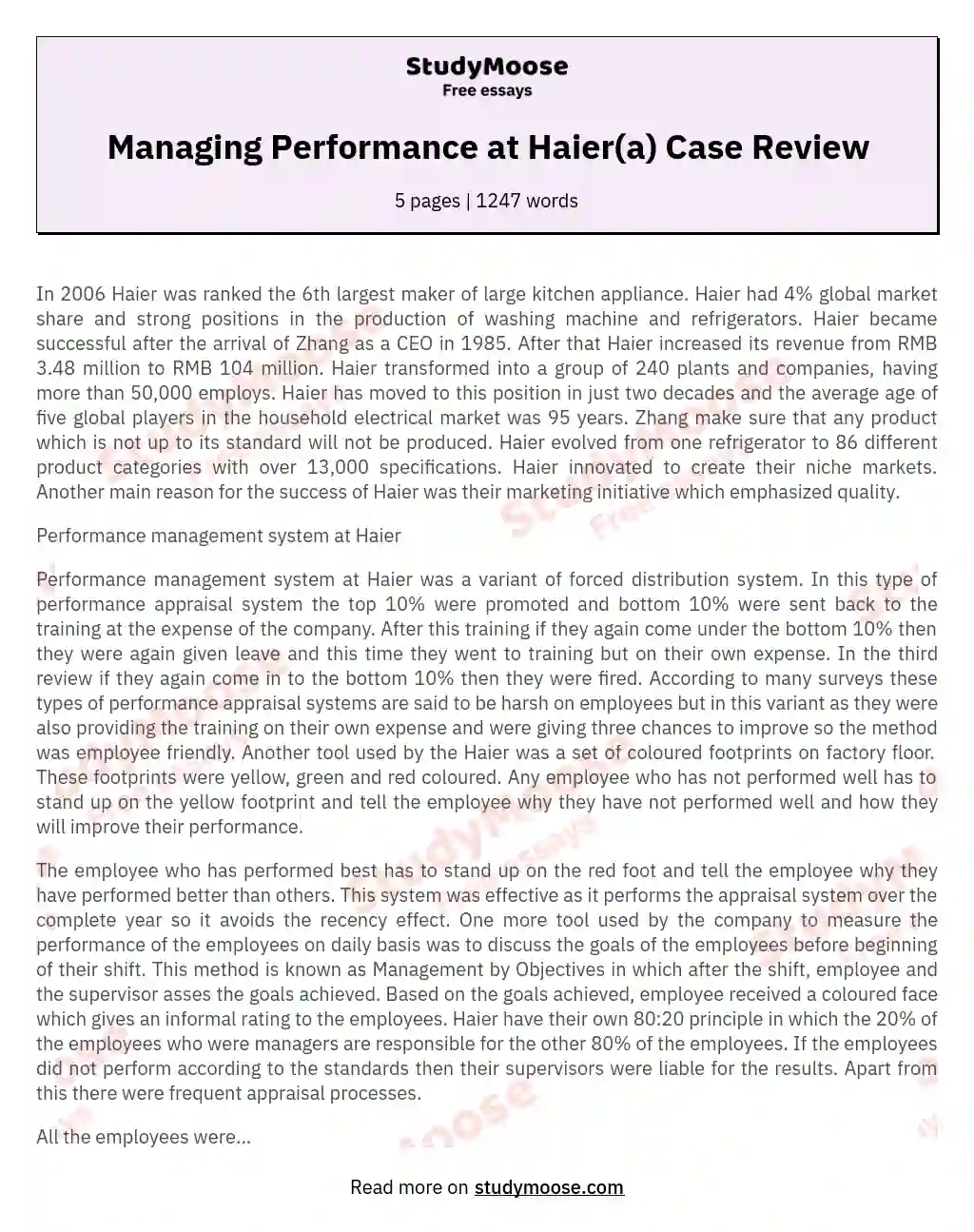 Managing Performance at Haier(a) Case Review essay