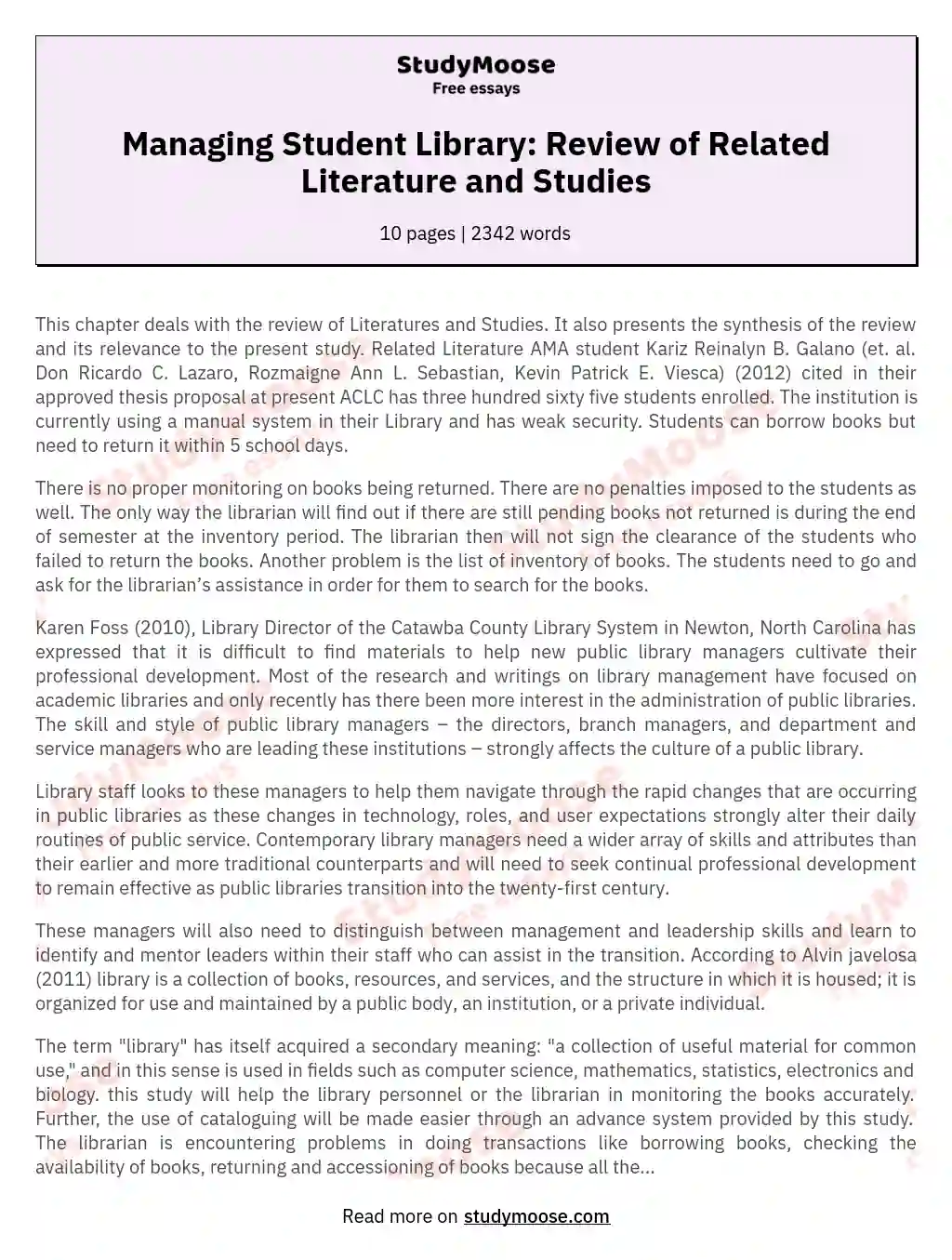 Managing Student Library: Review of Related Literature and Studies