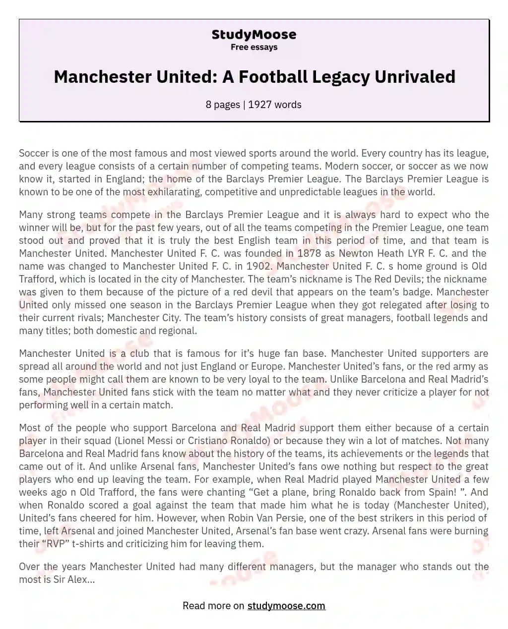 Manchester United: A Football Legacy Unrivaled essay